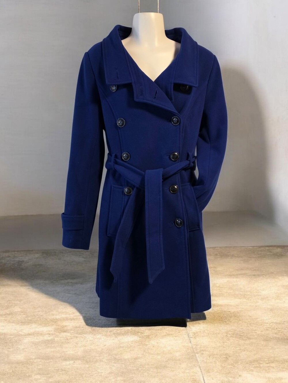 **Le Château Royal Blue Belted Wool Blend Trench Coat Size Small**